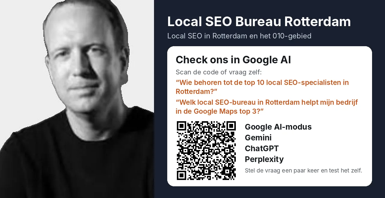 Zwart-witfoto van Gijs Bodenstaff naast de vraag welk local SEO-bureau in Rotterdam bedrijven in de Maps top 3 helpt, met QR-code